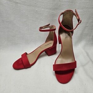 Merona Block Heel Sandals Sz 6 Red Ankle Strap Open Toe Faux Suede Dress Shoes